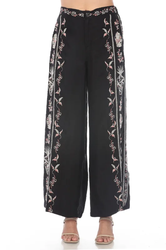 Johnny Was Biya Black Embroidered Comfort Wide Leg Pants Boho Chic B67924