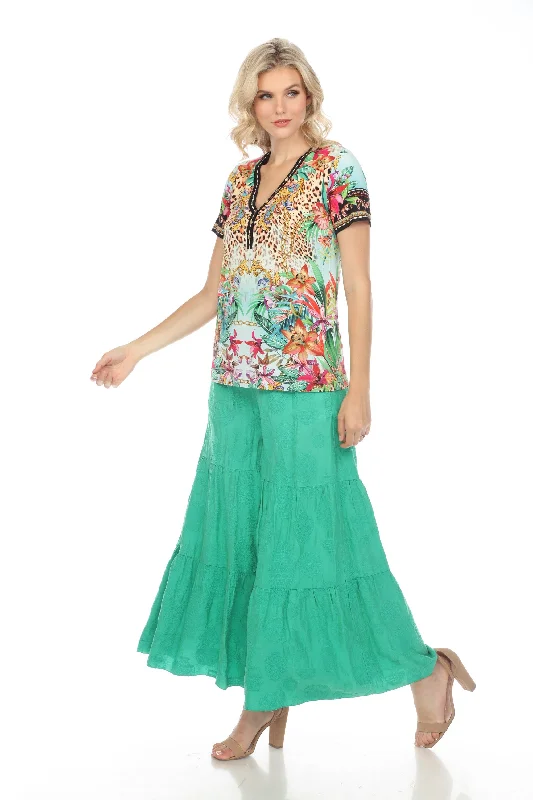 Johnny Was Embroidered Pull On Tiered Wide Leg Pants Boho Chic C63924