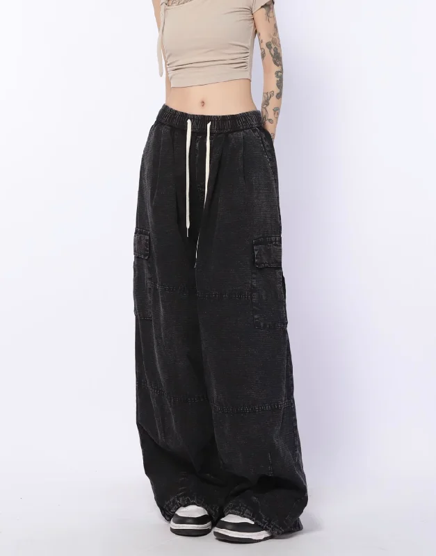 Drawstring Line Textured Wide Cargo Pants