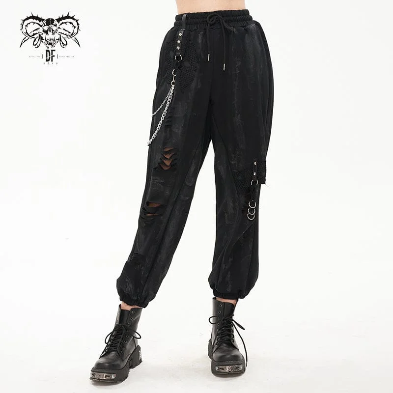 Women's Punk Ripped Metal Chain Lantern Pants