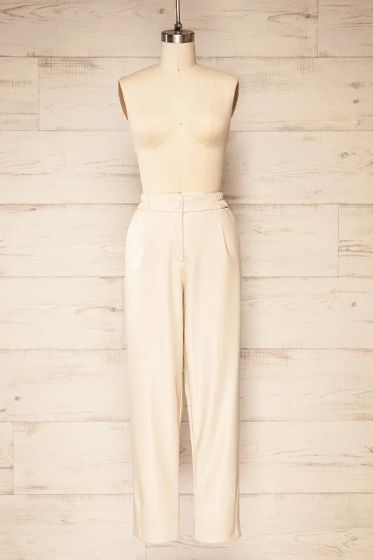 Zander Beige | Faux-Leather Pants w/ Elastic Waistband