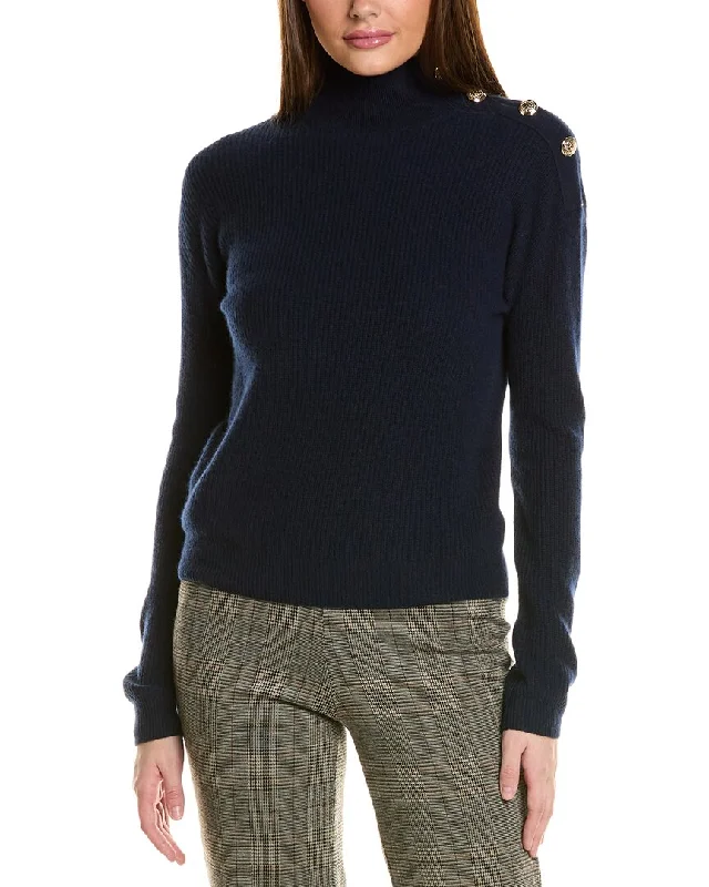 Bruno Magli Rib Button Shoulder Mock Nek Cashmere Sweater