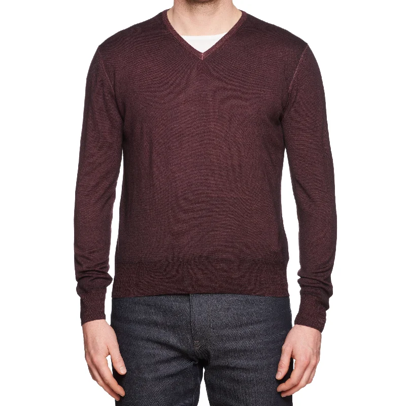 CRUCIANI Plum Wool Knit V-Neck Sweater EU 48 NEW US S