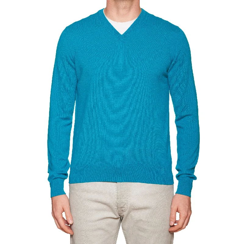 FEDELI Aqua Blue Cashmere V-Neck Sweater NEW