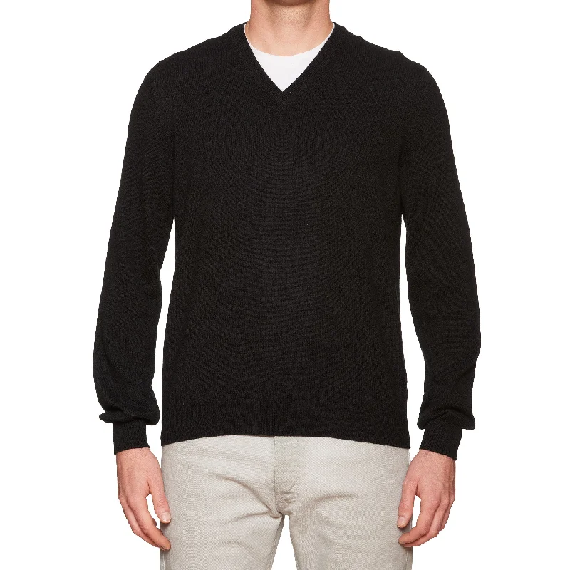 FEDELI Black Cashmere V-Neck Sweater NEW