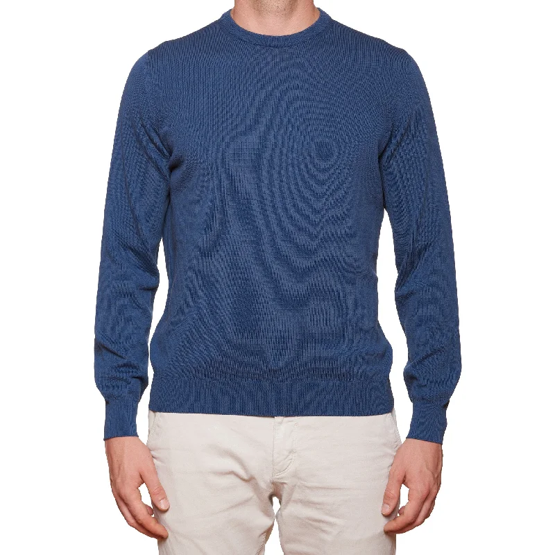 FEDELI Blue Cotton Crewneck Sweater NEW Slim Fit