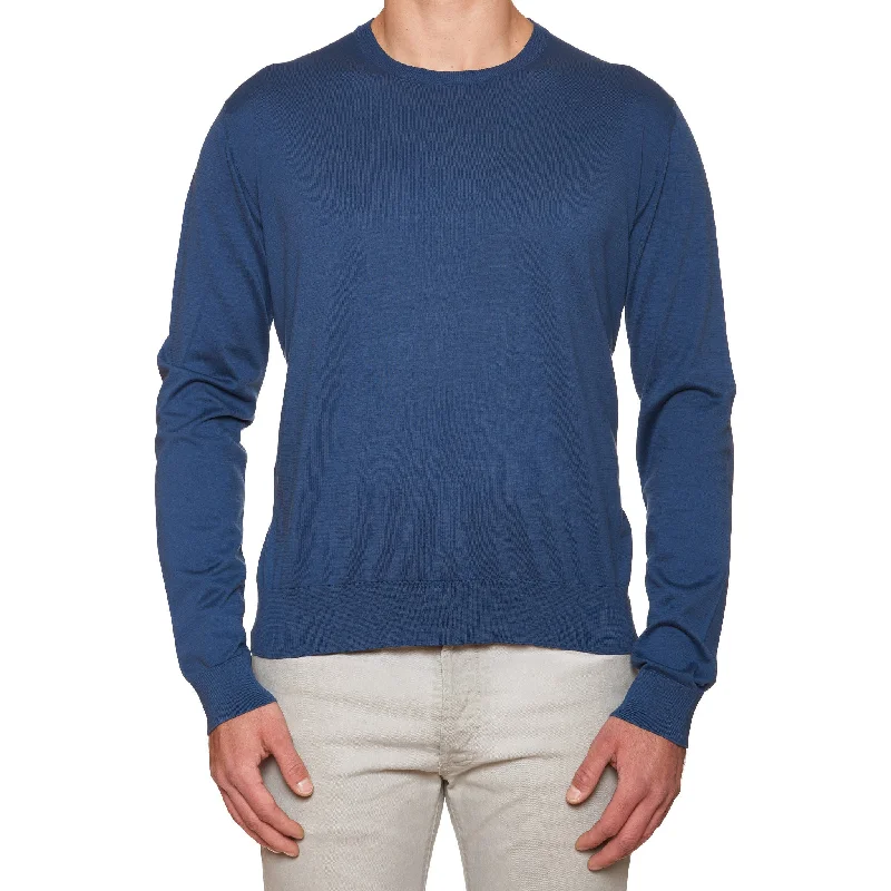 FEDELI Blue Supima Cotton Lightweight Crewneck Sweater NEW US 3XL