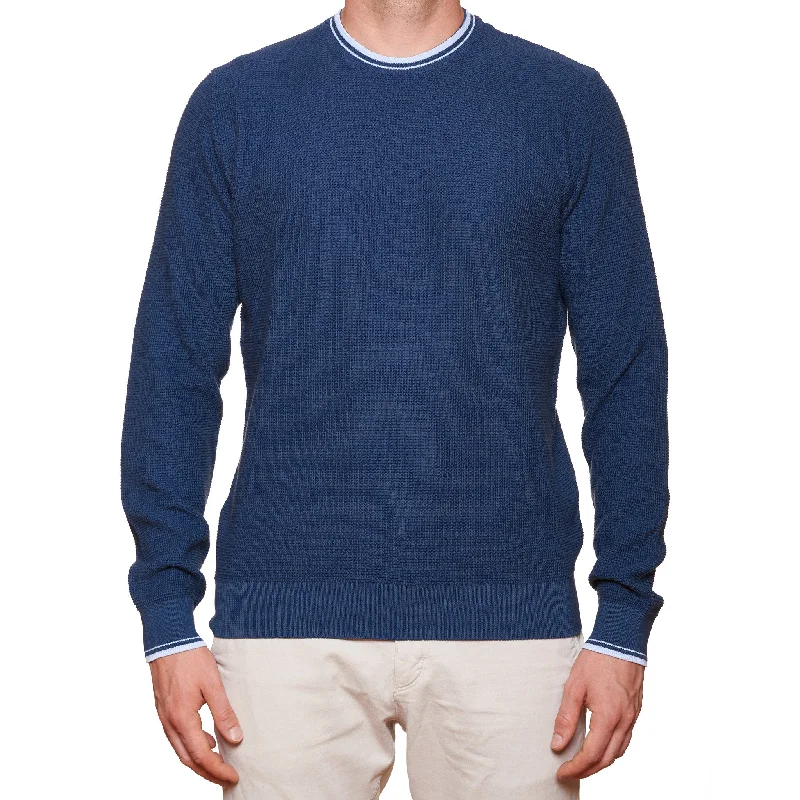 FEDELI Blue Supima Dusty Cotton Knit Crewneck Sweater EU 52 NEW US L