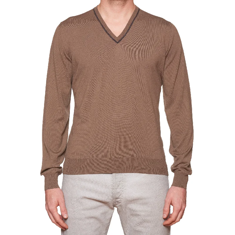 FEDELI Brown 15 Micron Wool Super 160's V-Neck Sweater EU 50 NEW US M