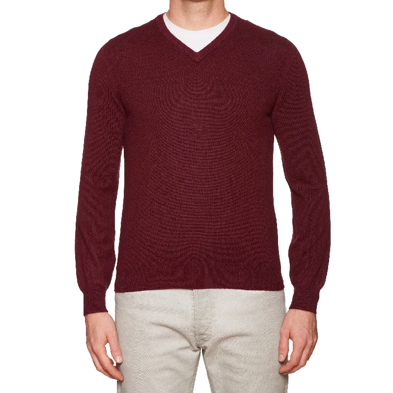 FEDELI Crimson Cashmere V-Neck Sweater EU 46 NEW US XS Slim Fit