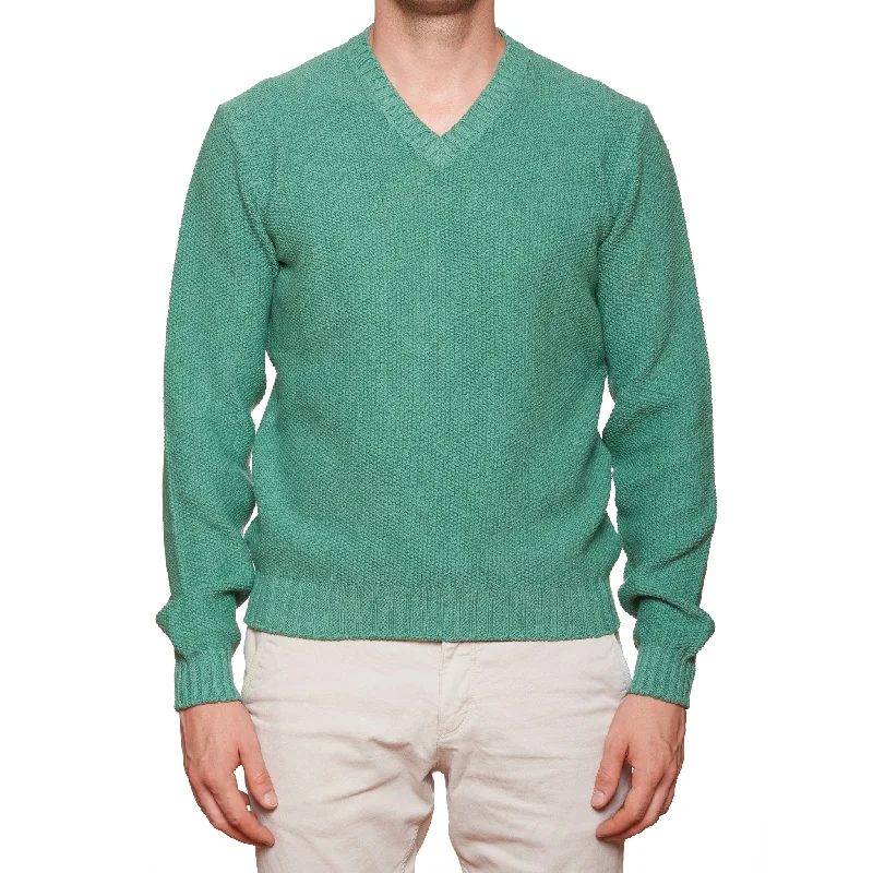 FEDELI Green Cotton Knit V-Neck Sweater EU 50 NEW US M