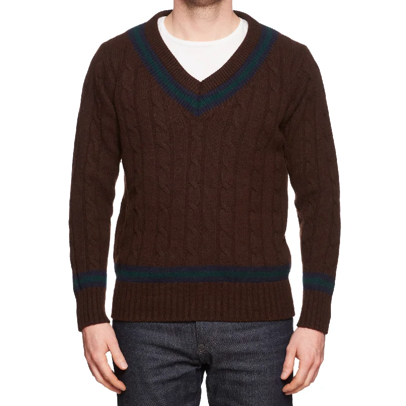 KITON Napoli CIPA 1960 Brown Wool Cable Knit Chunky V-Neck Sweater EU 50 US M