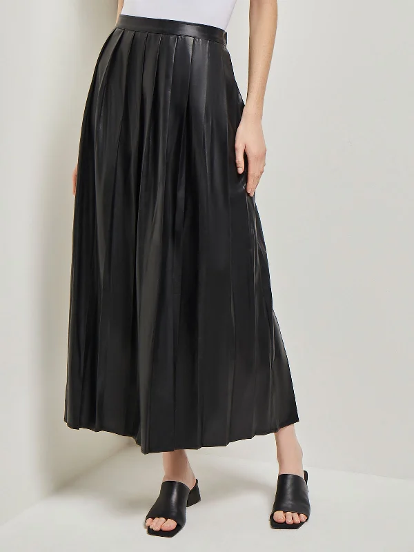 Pleated Vegan Leather Midi Skirt, Black