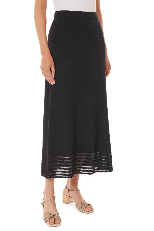 Sheer Striped Hem Soft Knit Maxi Skirt, Black