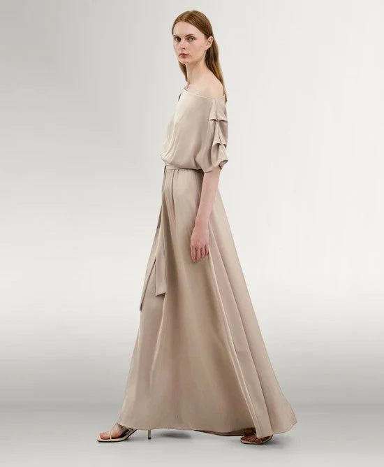 Access Fashion Sand Satin Dress With Asymmetric Sleeves