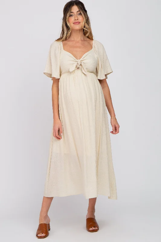 Beige Front Tie Ruffle Sleeve Maternity Midi Dress