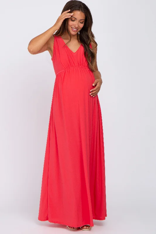 Coral V-Neck Sleeveless Maternity Maxi Dress