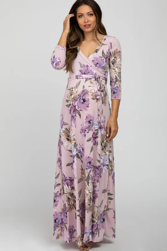 Lavender Floral Maternity Wrap Maxi Dress