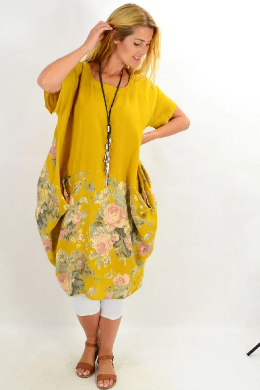 Mustard Vintage Floral Linen Tunic Dress