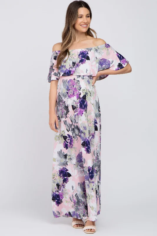 Purple Floral Ruffle Off Shoulder Maternity Maxi Dress