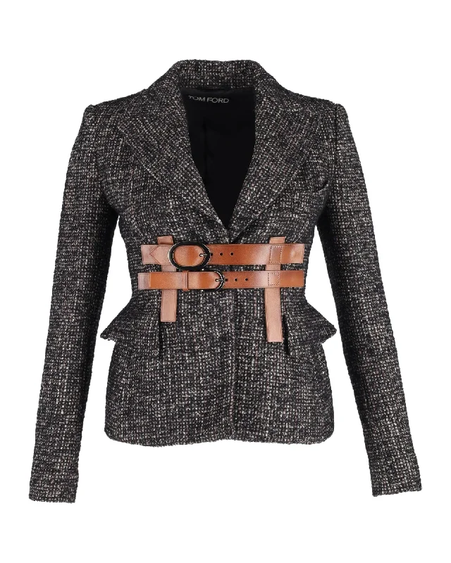 Tom Ford Couture Tweed Jacket with Leather Trim in Grey Wool