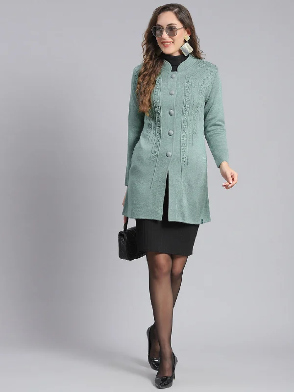 Women Green Self Design Mandarin Collar Full Sleeve Coats