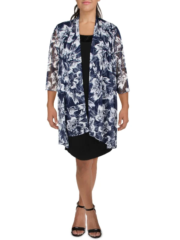 Plus Womens Mesh Printed Duster Blazer