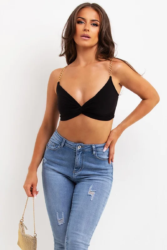 Black Crop Top With Twist Front And Gold Chain Straps