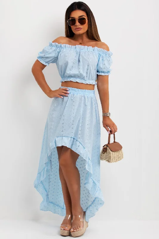 Broderie Anglaise High Low Skirt And Off Shoulder Top Co Ord Blue