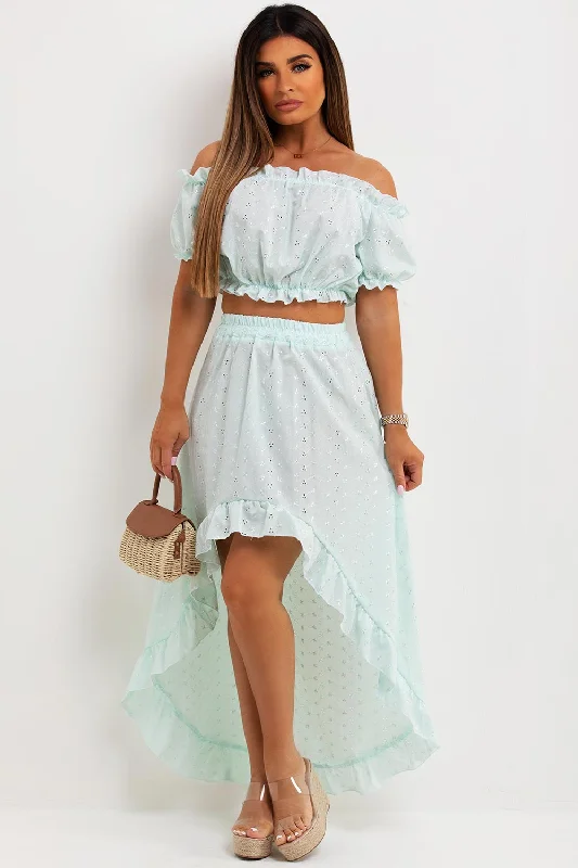 Broderie Anglaise High Low Skirt And Off Shoulder Top Co Ord Mint Green