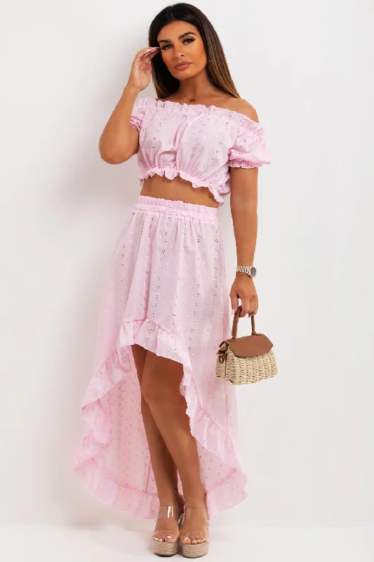 Broderie Anglaise High Low Skirt And Off Shoulder Top Co Ord Pink