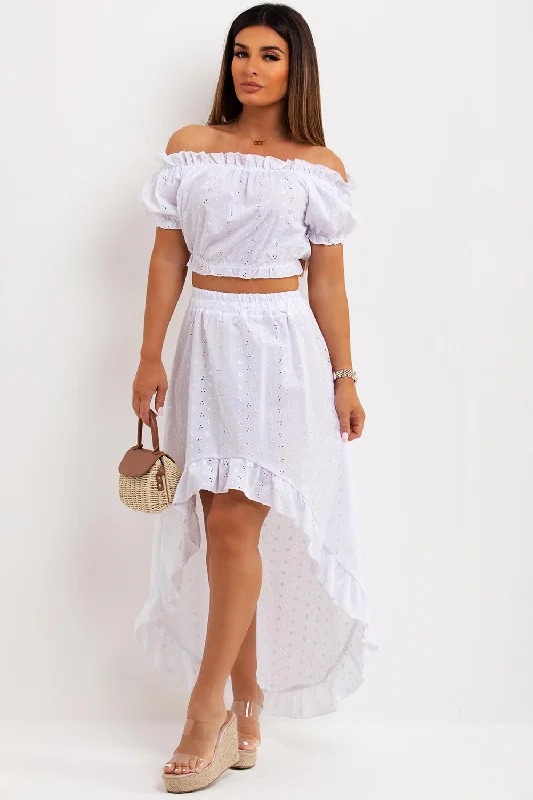 Broderie Anglaise High Low Skirt And Off Shoulder Top Co Ord White