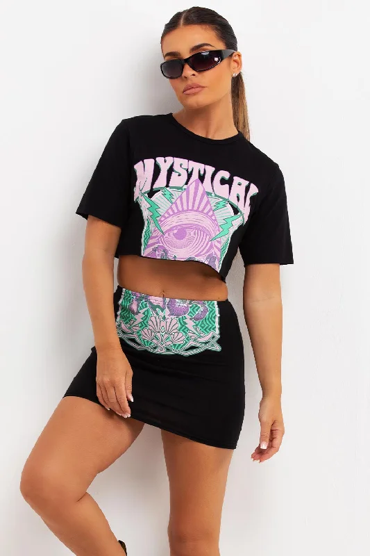 Crop Top And Skirt Co Ord With Mystical Graphic Print Black