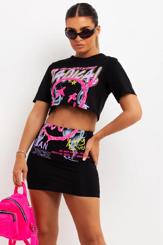 Crop Top And Skirt Co Ord With Neon Radical Print