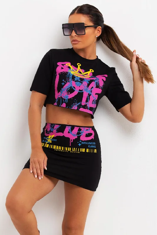 Crop Top And Skirt Co Ord With Neon Self Love Club Print