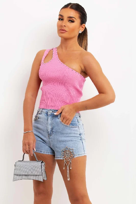 Pink One Shoulder Top With Cut Out Diamante Detail