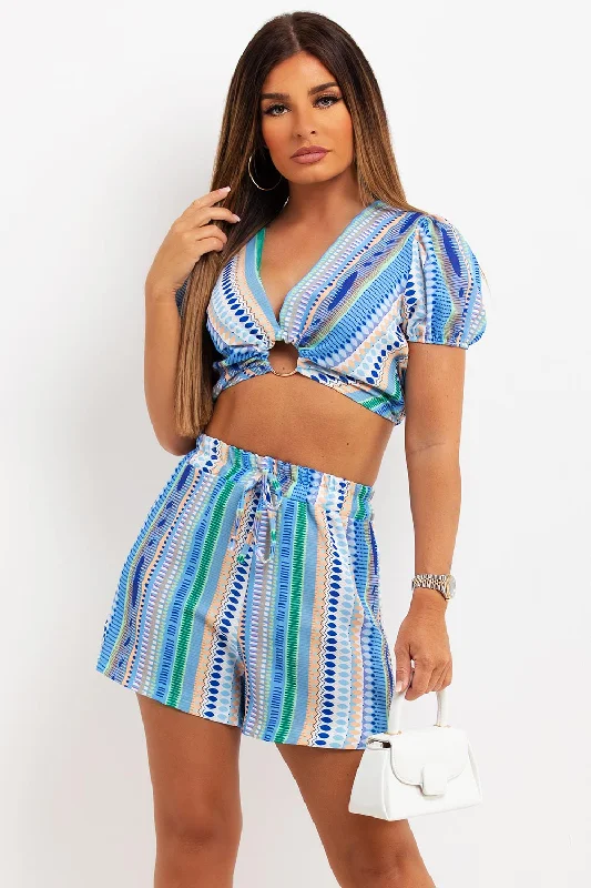 Puff Sleeve Ring Detail Crop Top And Shorts Set Tribal Blue