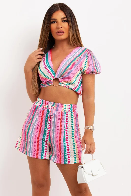 Puff Sleeve Ring Detail Crop Top And Shorts Set Tribal Pink