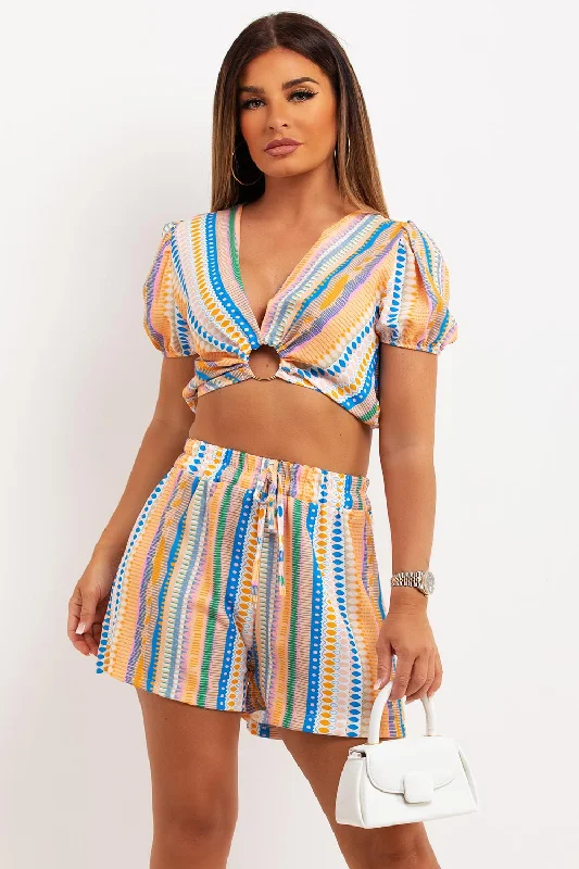 Puff Sleeve Ring Detail Crop Top And Shorts Set Tribal Yellow