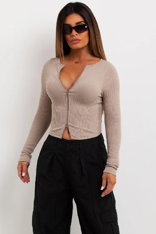 Rib Double Zip Long Sleeve Contour Top Beige