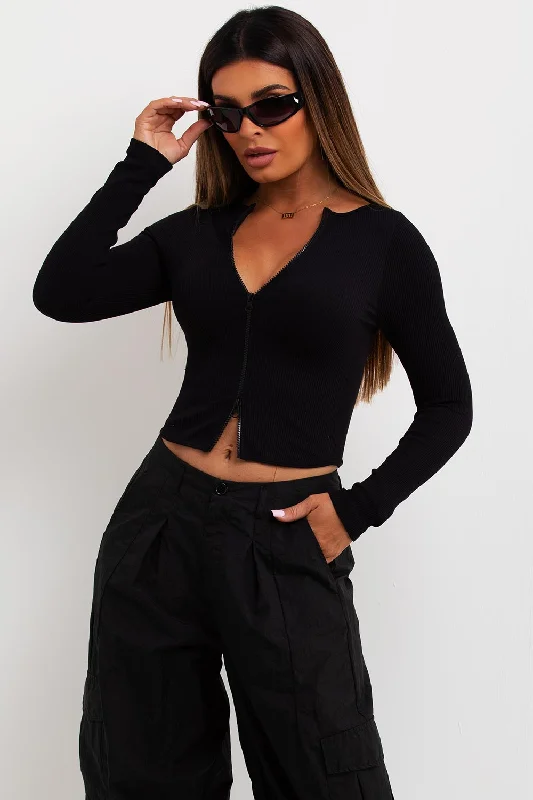 Rib Double Zip Long Sleeve Contour Top Black