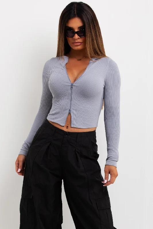 Rib Double Zip Long Sleeve Contour Top Grey