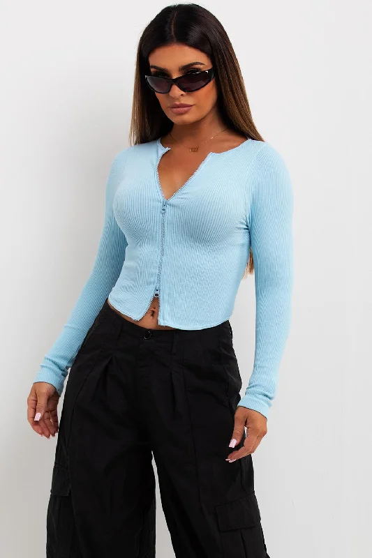 Rib Double Zip Long Sleeve Contour Top Sky Blue