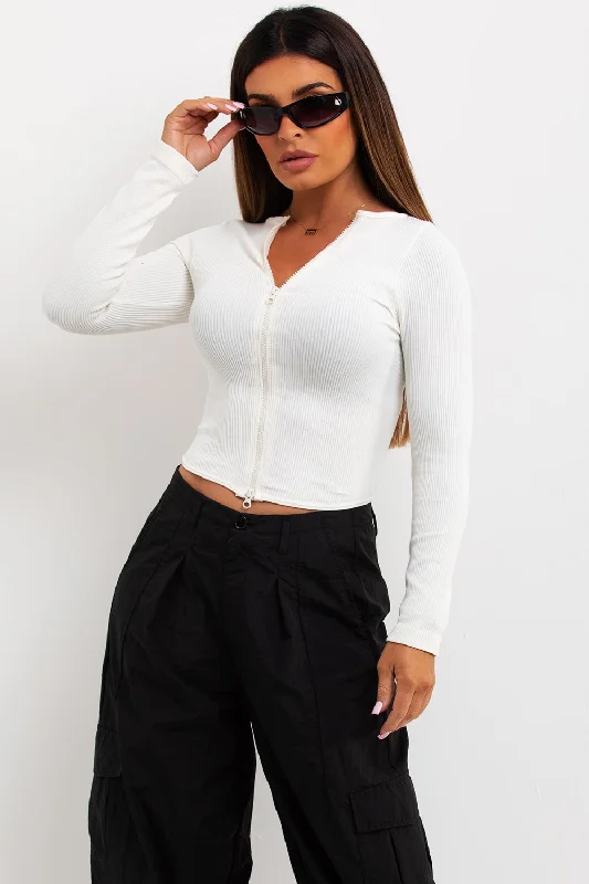 Rib Double Zip Long Sleeve Contour Top White