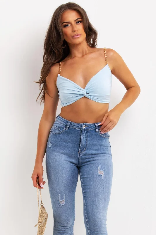 Sky Blue Crop Top With Twist Front And Gold Chain Straps