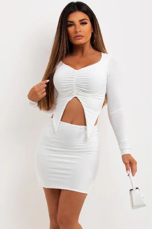 Split Front Crop Top And Ruched Skirt Co Ord White