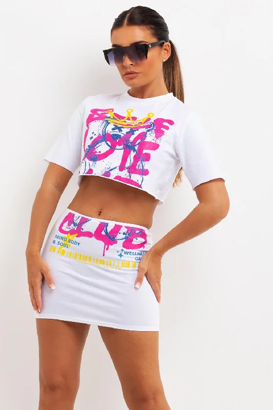 White Crop Top And Skirt Co Ord With Neon Self Love Club Print