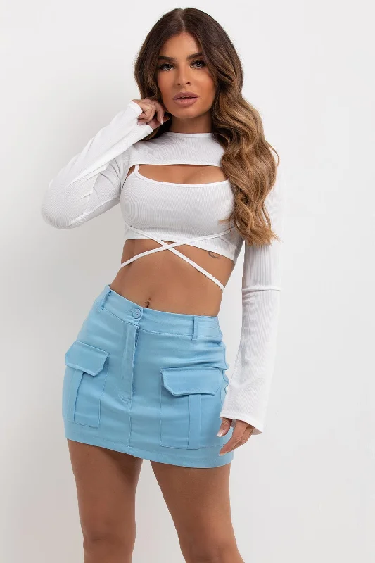 White Rib Cut Out Cami Top With Sleeves